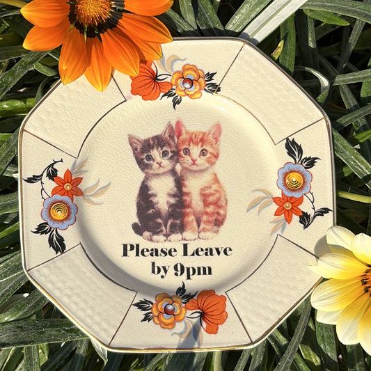 "Please Leave By 9pm" Pair of Kittens Retro Plate Wall Décor