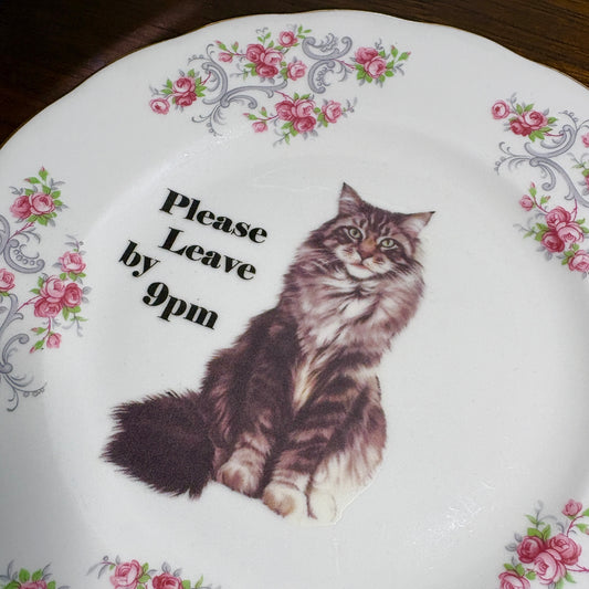 "Please Leave By 9pm" Mainecoon Cat Vintage Plate Wall Décor