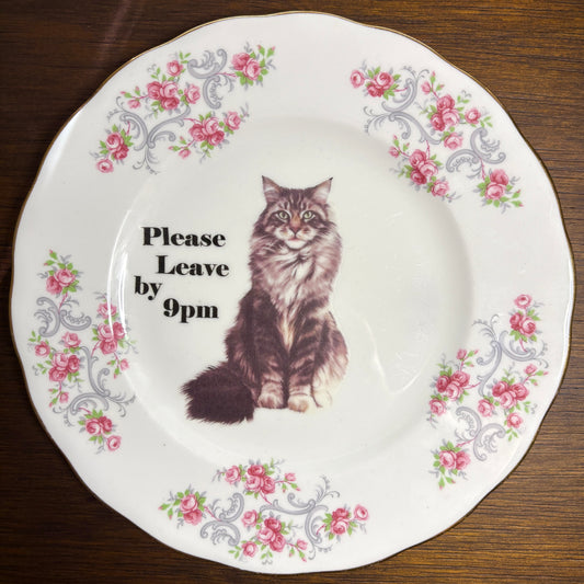 "Please Leave By 9pm" Mainecoon Cat Vintage Plate Wall Décor