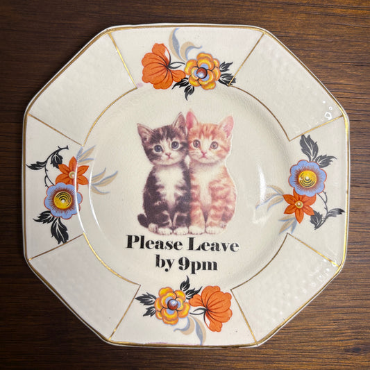 "Please Leave By 9pm" Pair of Kittens Retro Plate Wall Décor